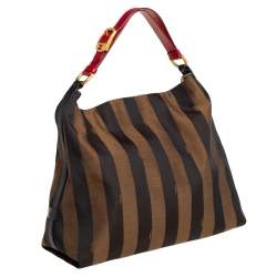 Pre Owned Fendi Tobacco/Red Canvas and Leather Large Pequin Striped Hobo