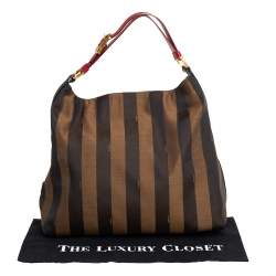 Pre Owned Fendi Tobacco/Red Canvas and Leather Large Pequin Striped Hobo