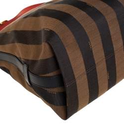 Pre Owned Fendi Tobacco/Red Canvas and Leather Large Pequin Striped Hobo