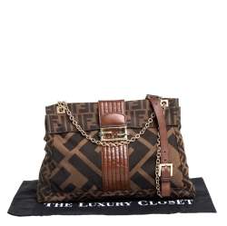 Fendi Brown Zucca Canvas and Leather Maxi Baguette Flap Shoulder Bag