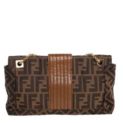 Pre Owned Fendi Tobacco Zucca Canvas and Leather Chain Baguette Shoulder Bag