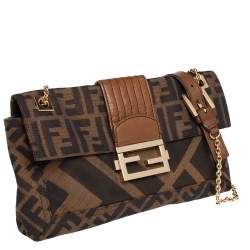 Pre Owned Fendi Tobacco Zucca Canvas and Leather Chain Baguette Shoulder Bag