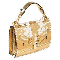 Pre Owned Fendi Gold Leather Floral Studded Kan I Shoulder Bag