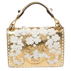 Pre Owned Fendi Gold Leather Floral Studded Kan I Shoulder Bag