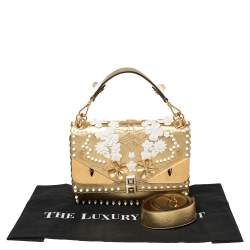 Pre Owned Fendi Gold Leather Floral Studded Kan I Shoulder Bag