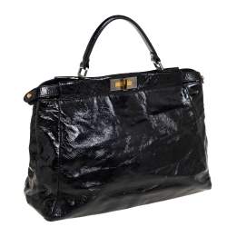 Pre Owned Fendi Black Crinkled Patent Leather Large Peekaboo Tote