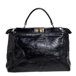 Pre Owned Fendi Black Crinkled Patent Leather Large Peekaboo Tote