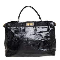 Pre Owned Fendi Black Crinkled Patent Leather Large Peekaboo Tote