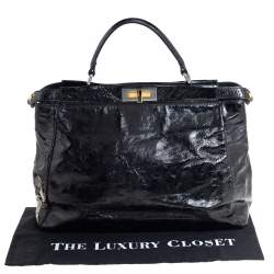 Pre Owned Fendi Black Crinkled Patent Leather Large Peekaboo Tote