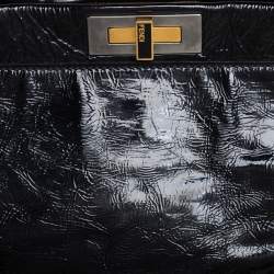 Pre Owned Fendi Black Crinkled Patent Leather Large Peekaboo Tote
