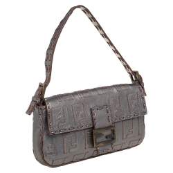 Pre Owned Fendi Silver Zucca Leather Medium Whipstitched Baguette Bag