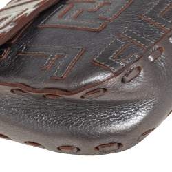 Pre Owned Fendi Silver Zucca Leather Medium Whipstitched Baguette Bag