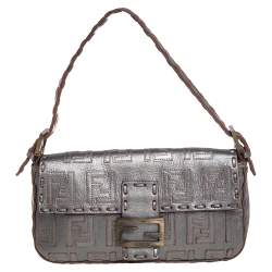 Pre Owned Fendi Silver Zucca Leather Medium Whipstitched Baguette Bag