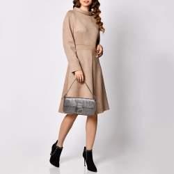 Pre Owned Fendi Silver Zucca Leather Medium Whipstitched Baguette Bag