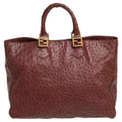 Pre Owned Fendi Dark Brown Ostrich Twins Shopper Tote