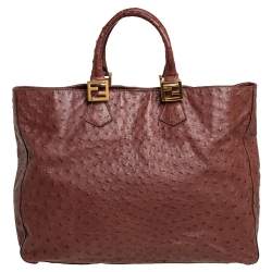 Pre Owned Fendi Dark Brown Ostrich Twins Shopper Tote