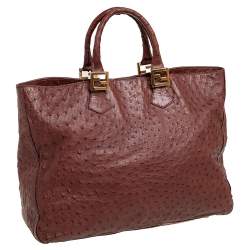 Pre Owned Fendi Dark Brown Ostrich Twins Shopper Tote