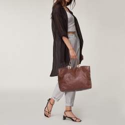 Pre Owned Fendi Dark Brown Ostrich Twins Shopper Tote