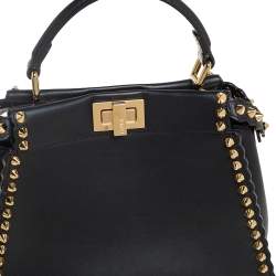 Pre Owned Fendi Black Leather Mini Studded Peekaboo Top Handle Bag