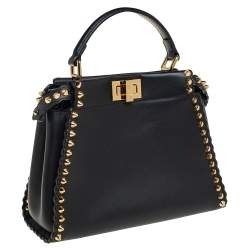 Pre Owned Fendi Black Leather Mini Studded Peekaboo Top Handle Bag