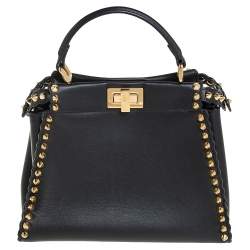 Pre Owned Fendi Black Leather Mini Studded Peekaboo Top Handle Bag