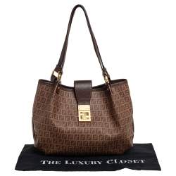 Pre Owned Fendi Brown Zucchino Coated Canvas and Leather Chiusura Tote