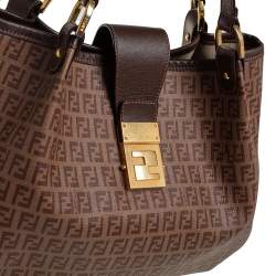 Pre Owned Fendi Brown Zucchino Coated Canvas and Leather Chiusura Tote