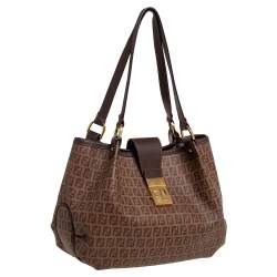 Pre Owned Fendi Brown Zucchino Coated Canvas and Leather Chiusura Tote