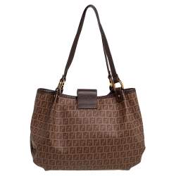 Pre Owned Fendi Brown Zucchino Coated Canvas and Leather Chiusura Tote