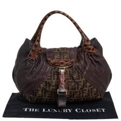 Pre Owned Fendi Tobacco Zucca Canvas and Tortuga Leather Spy Hobo