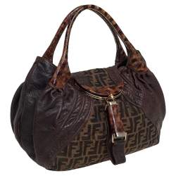Pre Owned Fendi Tobacco Zucca Canvas and Tortuga Leather Spy Hobo
