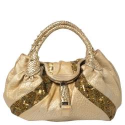 Pre Owned Fendi Gold Iridescent Textured Leather Limited Edition 9/10 Spy Embellished Bag