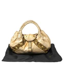 Pre Owned Fendi Gold Iridescent Textured Leather Limited Edition 9/10 Spy Embellished Bag