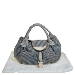 Pre Owned Fendi Blue/White Striped Fabric and Leather Trim Spy Tote