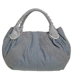 Pre Owned Fendi Blue/White Striped Fabric and Leather Trim Spy Tote
