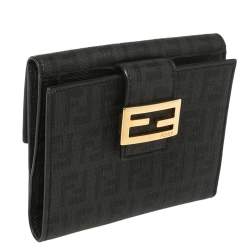 مملوكة مسبقًا Fendi Black Zucchino Coated Canvas Compact Wallet