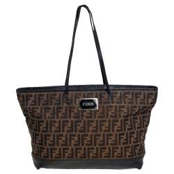Pre Owned Fendi Tobacco/Black Zucca Canvas and Leather Roll Tote