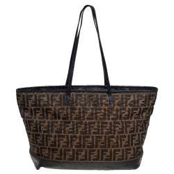Pre Owned Fendi Tobacco/Black Zucca Canvas and Leather Roll Tote