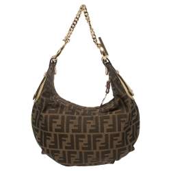 Pre Owned Fendi Tobacco/Gold Zucca Canvas and Leather Small Chef Chain Link Hobo