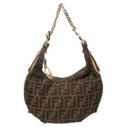 Pre Owned Fendi Tobacco/Gold Zucca Canvas and Leather Small Chef Chain Link Hobo