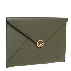 Pre Owned Fendi Green Leather Envelope Pouch