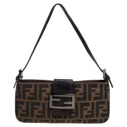 Pre Owned Fendi Tobacco Zucca Canvas and Leather Trim Baguette Pochette  