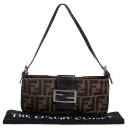 Pre Owned Fendi Tobacco Zucca Canvas and Leather Trim Baguette Pochette  