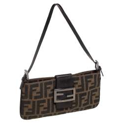 Pre Owned Fendi Tobacco Zucca Canvas and Leather Trim Baguette Pochette  