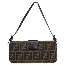 Pre Owned Fendi Tobacco Zucca Canvas and Leather Trim Baguette Pochette  