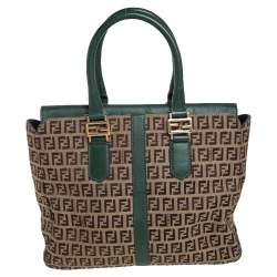 Pre Owned Fendi Green/Brown Zucchino Canvas and Leather Tote