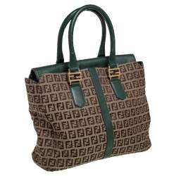 Pre Owned Fendi Green/Brown Zucchino Canvas and Leather Tote