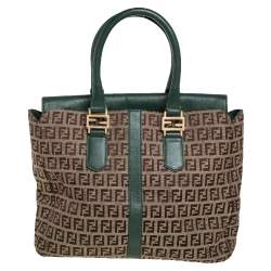 Pre Owned Fendi Green/Brown Zucchino Canvas and Leather Tote