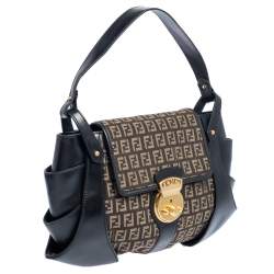 Pre Owned Fendi Black/Tobacco Zucchino Canvas and Leather Borsa Tuc Hobo