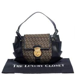 Pre Owned Fendi Black/Tobacco Zucchino Canvas and Leather Borsa Tuc Hobo